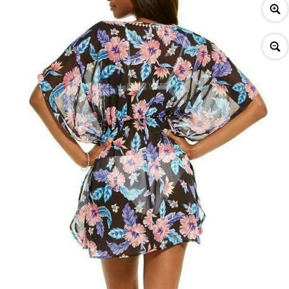 Miken TROPICAL FLORAL Print Smocked Waist Cover-up, Sz M